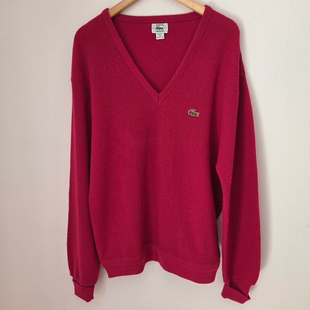 Vintage Izod Lacoste Mens XL V-Neck Sweater Pink Orlon Acrylic USA Made 80s Logo
